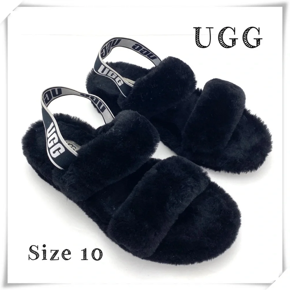 Ugg Oh Yeah Fur Double Strap Flat Sandals In Black Size 10